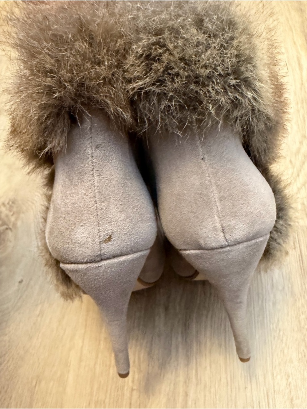Colin Stuart Taupe Suede Fur Trim High-Heel Booties - Picture 5 of 10
